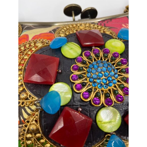 Vtg Mary Frances Handcrafted Embellished Satchel Purse With Faux Gemstones & Flo - Picture 13 of 16